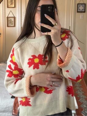 Dee Elly Knit Sweater with Red and Yellow Daisy Pattern